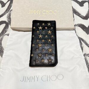 $1095 Authentic JIMMY CHOO Made in ITALY Star Studs Black Leather Bifold Wallet
